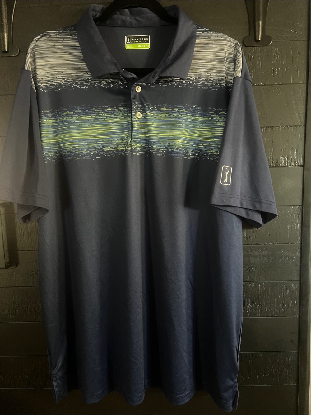 PGA TOUR Men’s Navy Polo with Lime and Gray Stripe